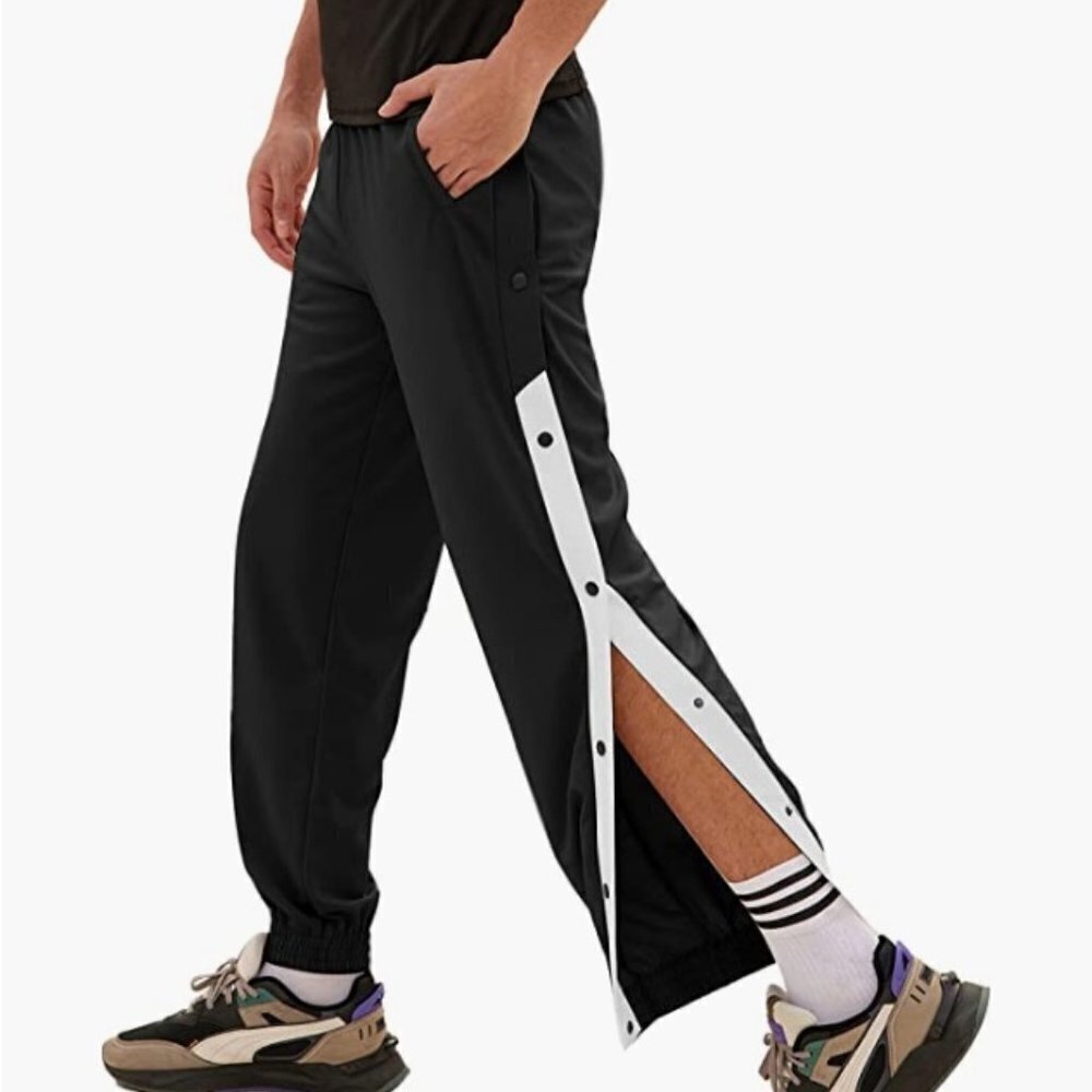Men's Tear Away Basketball Pants, Loose Jogger with Pockets, Large